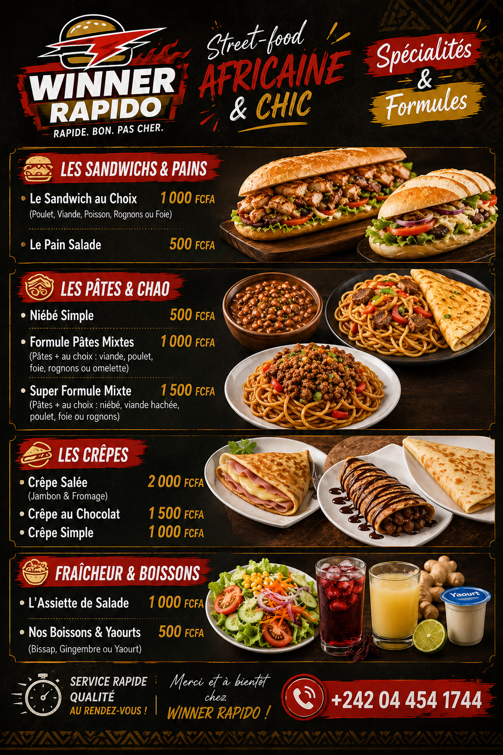 Carte complète Winner Rapido — Street-food africaine à Pointe-Noire